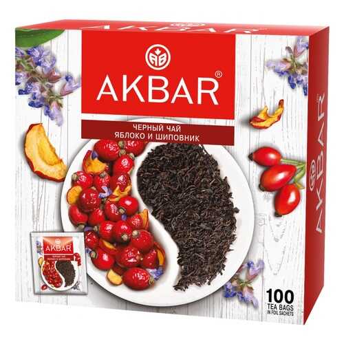 Чай Akbar Яблоко и Шиповник, черный с добавками, 100 сашетов в Окей